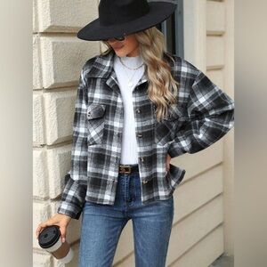 Promesa Jacket Womens‎ Medium Black White Wool-Blend Plaid Button Up Shacket New